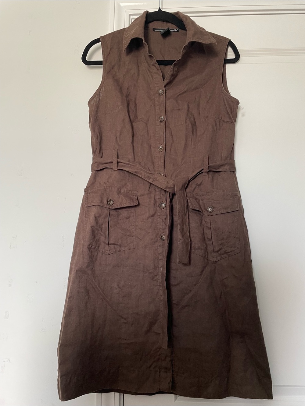 Womens Linen Shirt Dress Brown Sz 6 Full Button Utility Cottagecore Fall Natural